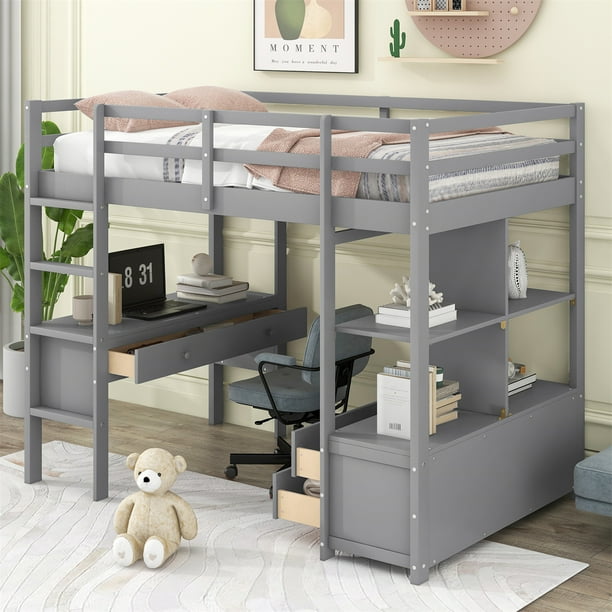 Twin Size Loft Bed with Builtin Desk, Solid Wood Loft Bed Frame with