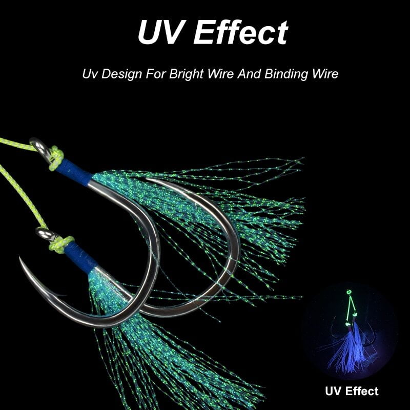 10 Pairs Cast Jigs Assist Hook Barbed Double Jig Hooks UV Glow Feather Fishhook