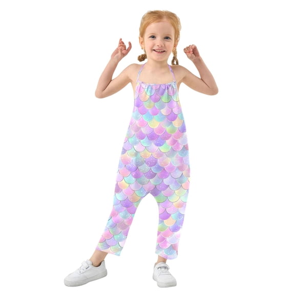 Girls' Jumpsuits Rompers Summer Casual Sleeveless Rompers With Pockets Spaghetti Strap Romper Mermaid Scale Pattern 1T