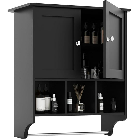 Medicine Cabinets, Space Saving Wall Cabinet with 2 Doors and Adjustable Towel Rack Shelves, Storage Cabinet for Toilet, Bathroom, Living Room, Kitchen (Black)