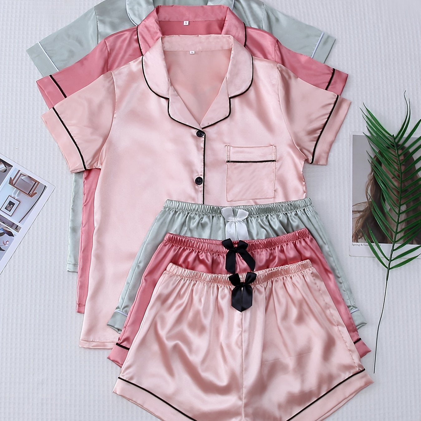 3 Sets Satin Pajama Set, Short Sleeve Lapel Top & Bow Shorts, Women's  Sleepwear & Loungewear-S(4) / Pink/Silver Set