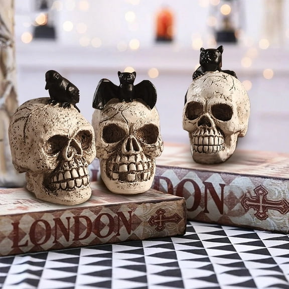 Halloween Horror Skull Indoor Decorations, 3-Piece Halloween Figurines (Including Cat, Bat, and Raven Skull Designs)