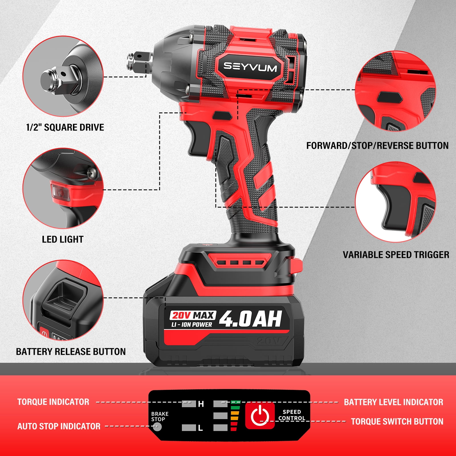 SEYVUM Cordless Impact Wrench, 20V Compact Brushless 1/2 Inch Impact Driver with 4.0Ah Lithium-Ion Battery and Fast Charger, 350 Ft-lbs(475 N.m) with 4 Pcs Sockets, Electric Impact Wrench for Car Hom