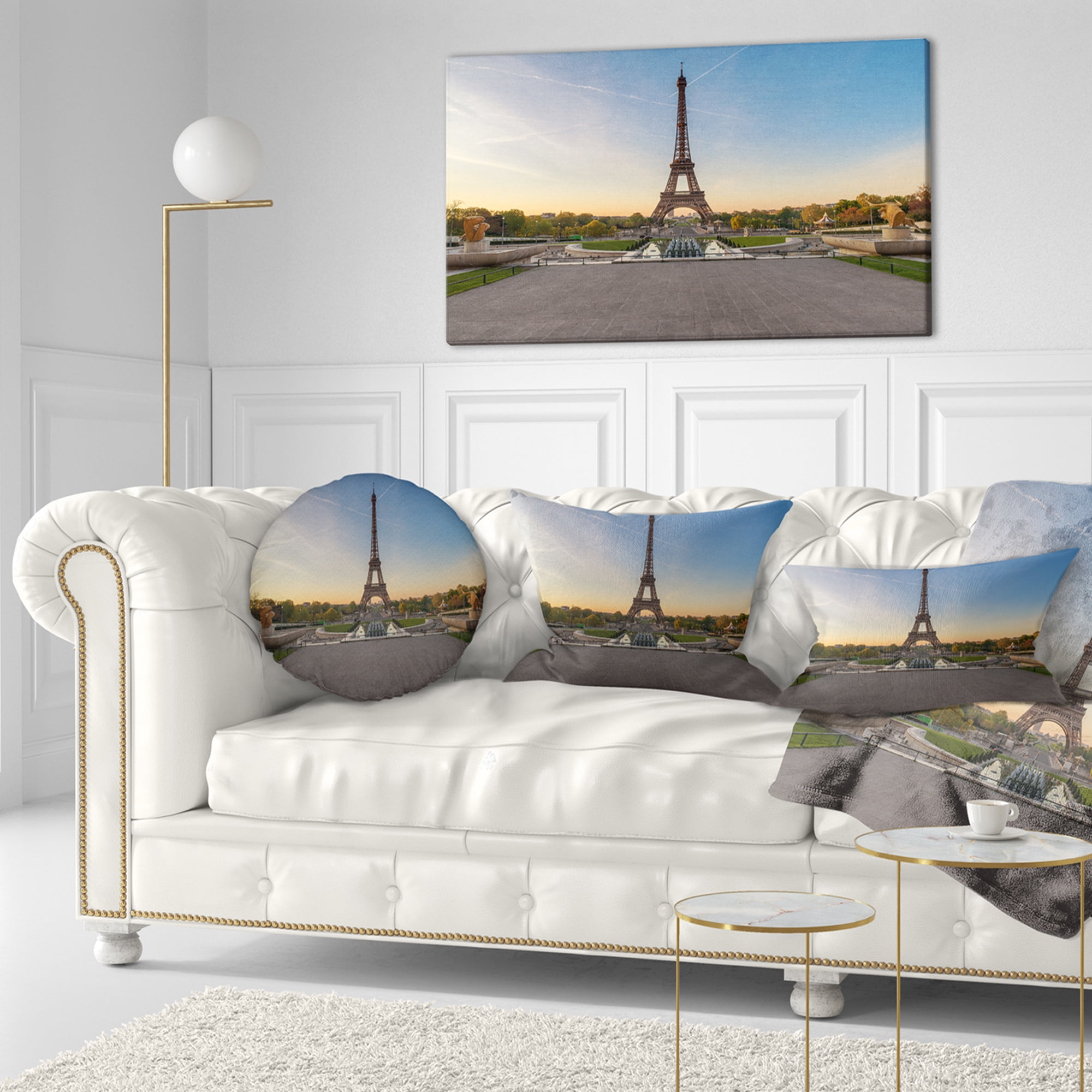 Designart Wide View of Paris Paris Eiffel Towerat Sunrise - Cityscape Throw Pillow - 12x20