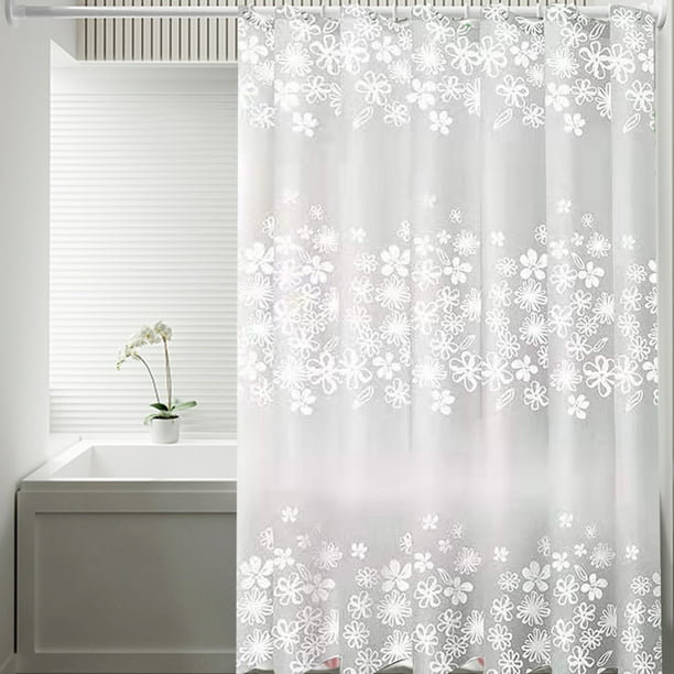 Cortina de ducha pequeña de color blanco con flores, antihongos, estampada y impermeable, sin necesidad de perforar agujeros