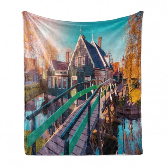 Netherlands Soft Flannel Fleece Blanket, Typical Dutch Village Zaanstad in a Sunny Spring Day Picture House and a Bridge, Cozy Plush for Indoor and Outdoor Use, 50" x 70", Multicolor, by Ambesonne