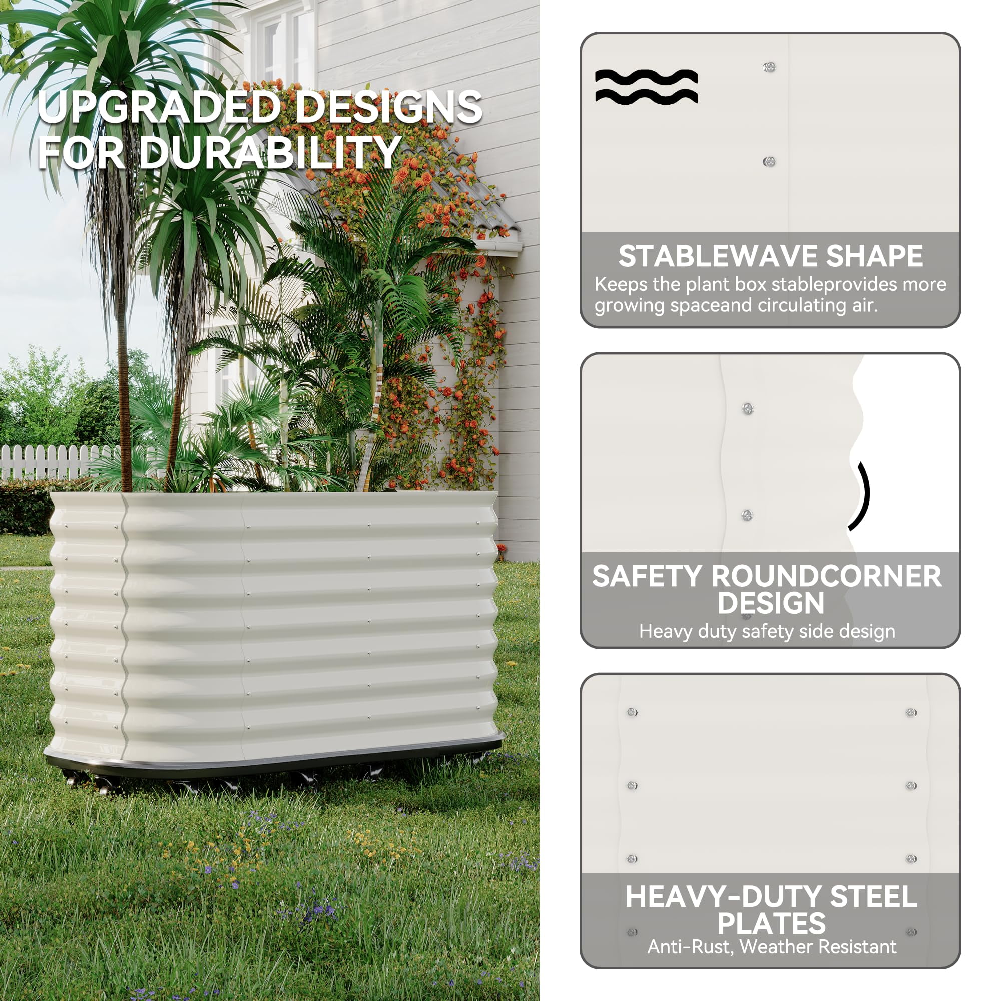 MAROUTE Galvanized Steel Raised Garden Bed – Self-Watering, with Wheels, White, 59"x23.6"x27.6"