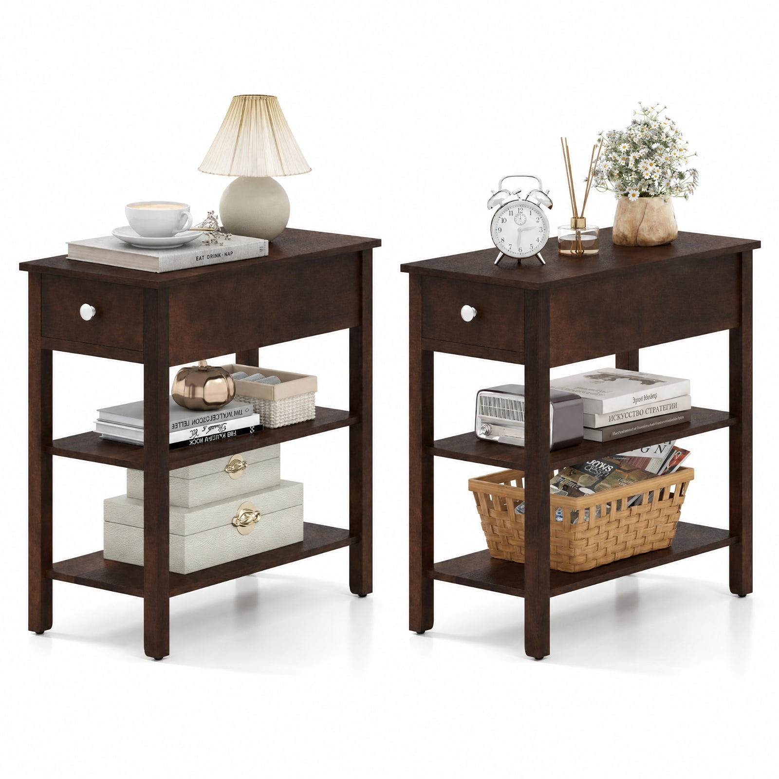 Furnibear 3 Tier Narrow End Table Set of 2 with Pull Out Drawer and Open Storage Shelves and Rubber Wood Legs for Bedroom Living Room, Walnut