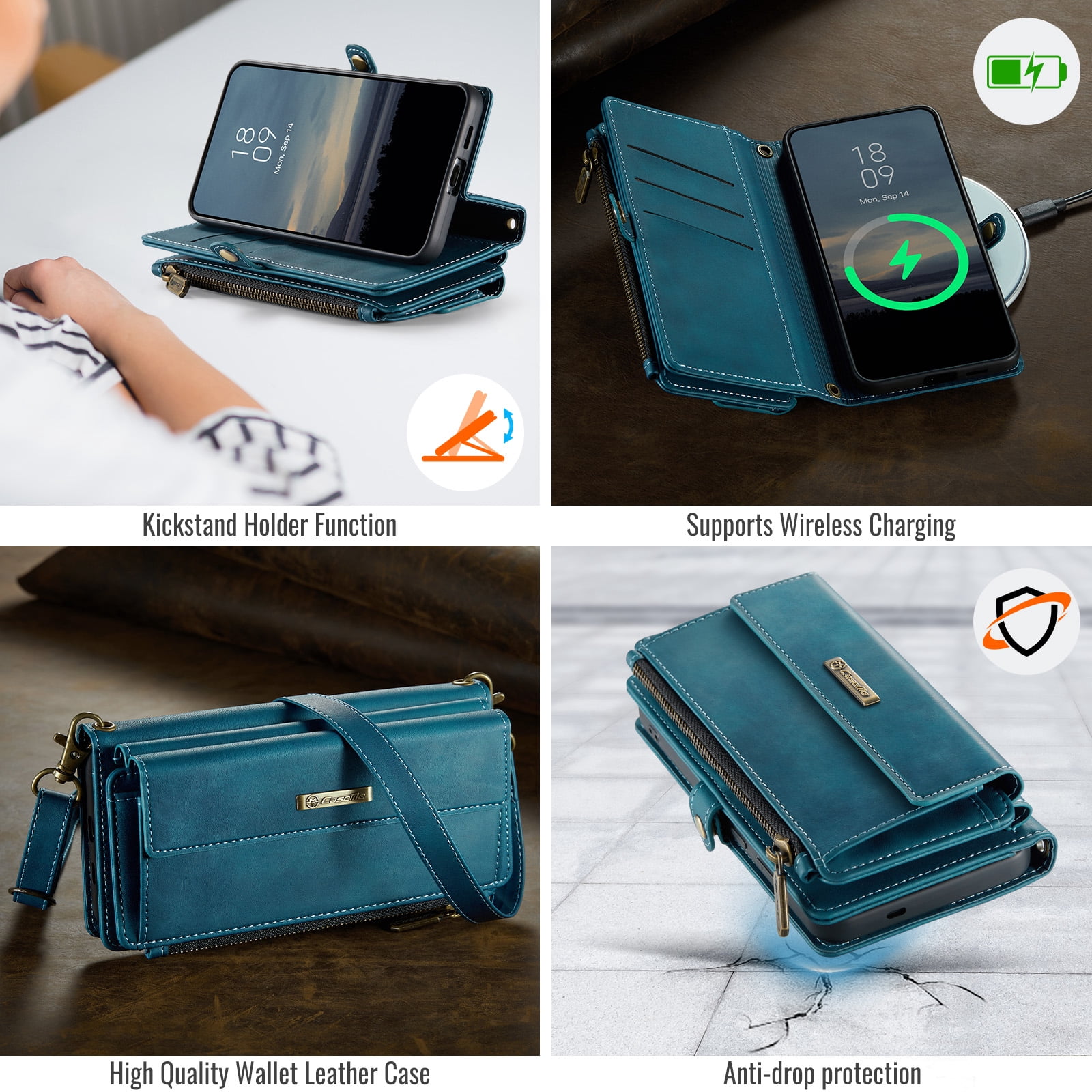 Decase Wallet Case for iPhone 14 Plus,Magnetic Flip Zipper Pocket PU Leather Phone Cover,Crossbody Flip Cover with RFID Card Slots,Green
