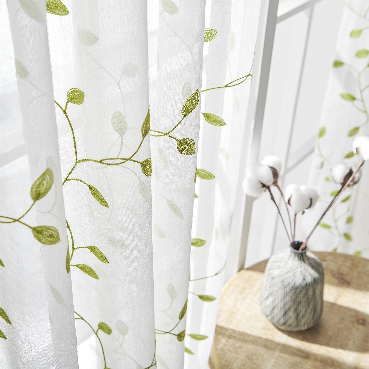 Sunyuer Green Leaves Short Sheer Curtains Green Leaf Embroidery Bedroom Curtain Rod Pocket Voile Faux Linen Embroidered Leaves Curtains for Living Room, 52W X 84L inch, Set of 2 Panels, Green
