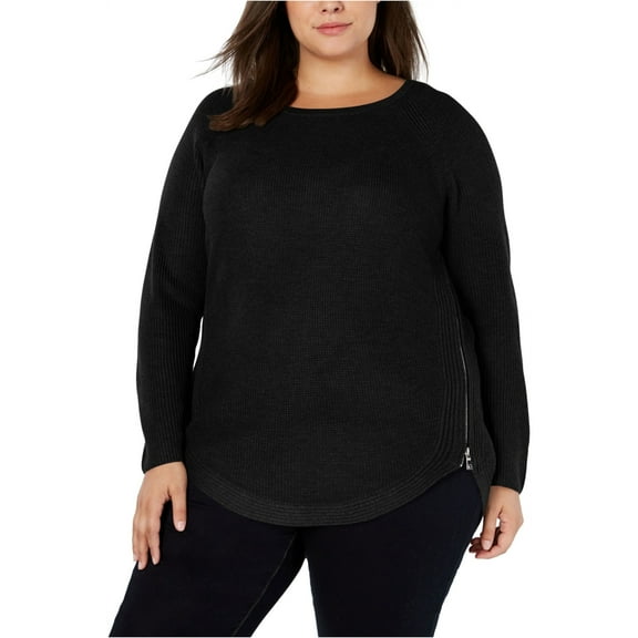 I-N-C Womens Waffle Side Zip Pullover Sweater, Black, 0X
