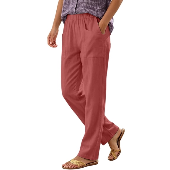 Ynynloco 100%Cotton Pants for Women High Waist Trousers Tummy Control Office Straight Leg Trousers Ladies Slacks with Pockets