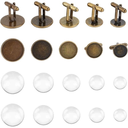 10 Sets 5 Sizes DIY Blank Dome Alloy Cufflinks Making Kit Antique Bronze Cuff Link Base Blanks Round Cabochon Setting Tray for Men Cuff Button Crafts Making Clear