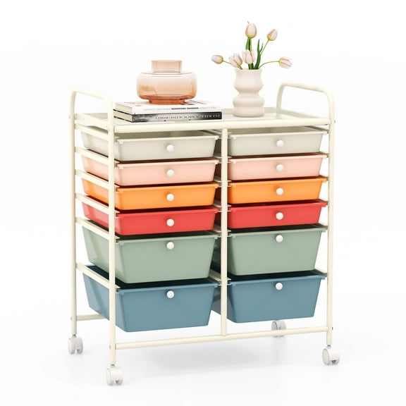 Costway 12-Drawer Rolling Storage Cart Organizer Cart with 2 Sizes Plastic Drawers Macaron