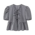 thumbnail image 1 of cfhntfmh Hauts d'Été pour Femmes Mode Col Rond Nœud devant Manches Courtes Bouffantes Chemises Babydoll Blouses Décontractées Amples, 1 of 4