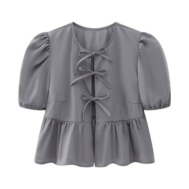 cfhntfmh Hauts d'Été pour Femmes Mode Col Rond Nœud devant Manches Courtes Bouffantes Chemises Babydoll Blouses Décontractées Amples