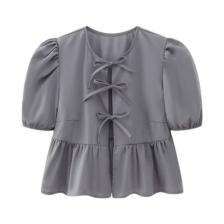 Womens Bow Tie Front Cute Babydoll Tops Puff Sleeve Summer Loose Peplum Ruffle Blouse Y2K Lace Up Going Out Shirts