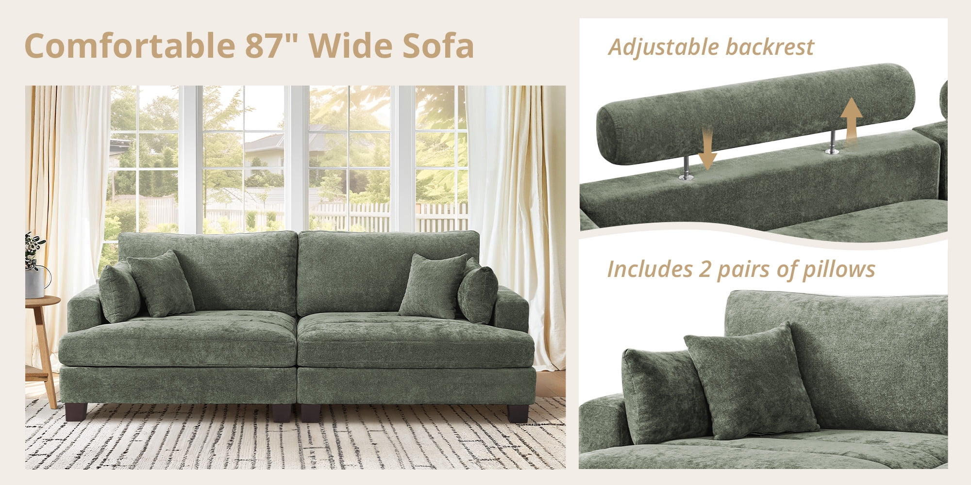 Dycanpo 3 Seater Chenille Sectional Sofa with Pillow, 88" Modern Green Couch Loveseat Sofa for Living Room, Green