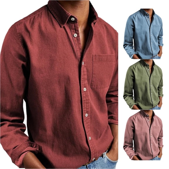 Zylarhe Mens Summer Shirts, Men Fashion Casual Button-Down Long Sleeve Shirt Comfortable Solid Color Tops Red XXXL