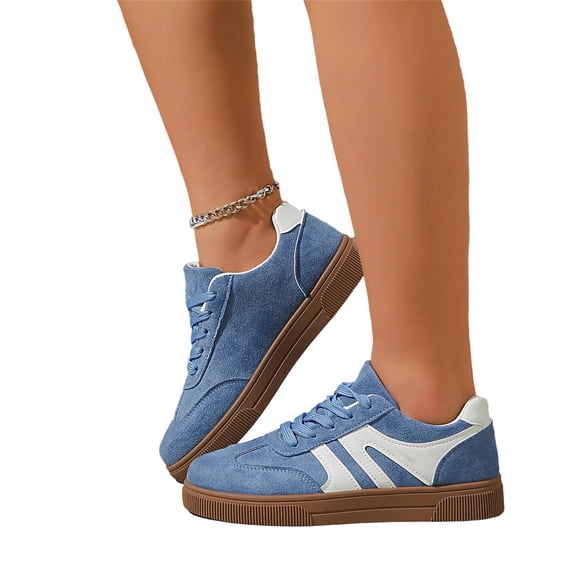 Suede Retro Sneakers, Color Block Stripe Sneakers, Women's Fashion Sneakers Trendy Comfortable Cute Lace-Up Shoes Tennis Work Ladies Shoes Casual Classic Retro Non Slip Lightweight Sneakers, Blue 5.5