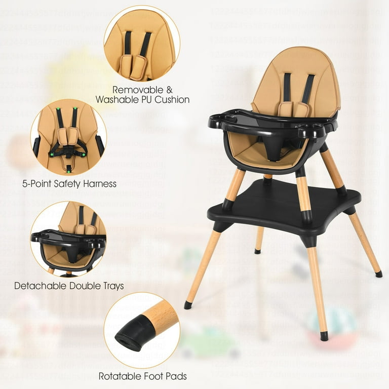Costway 5 in 1 Baby High Chair Toddler Table Feeding Seat with 5 Point Belt Convertible Wooden Coffee Walmart
