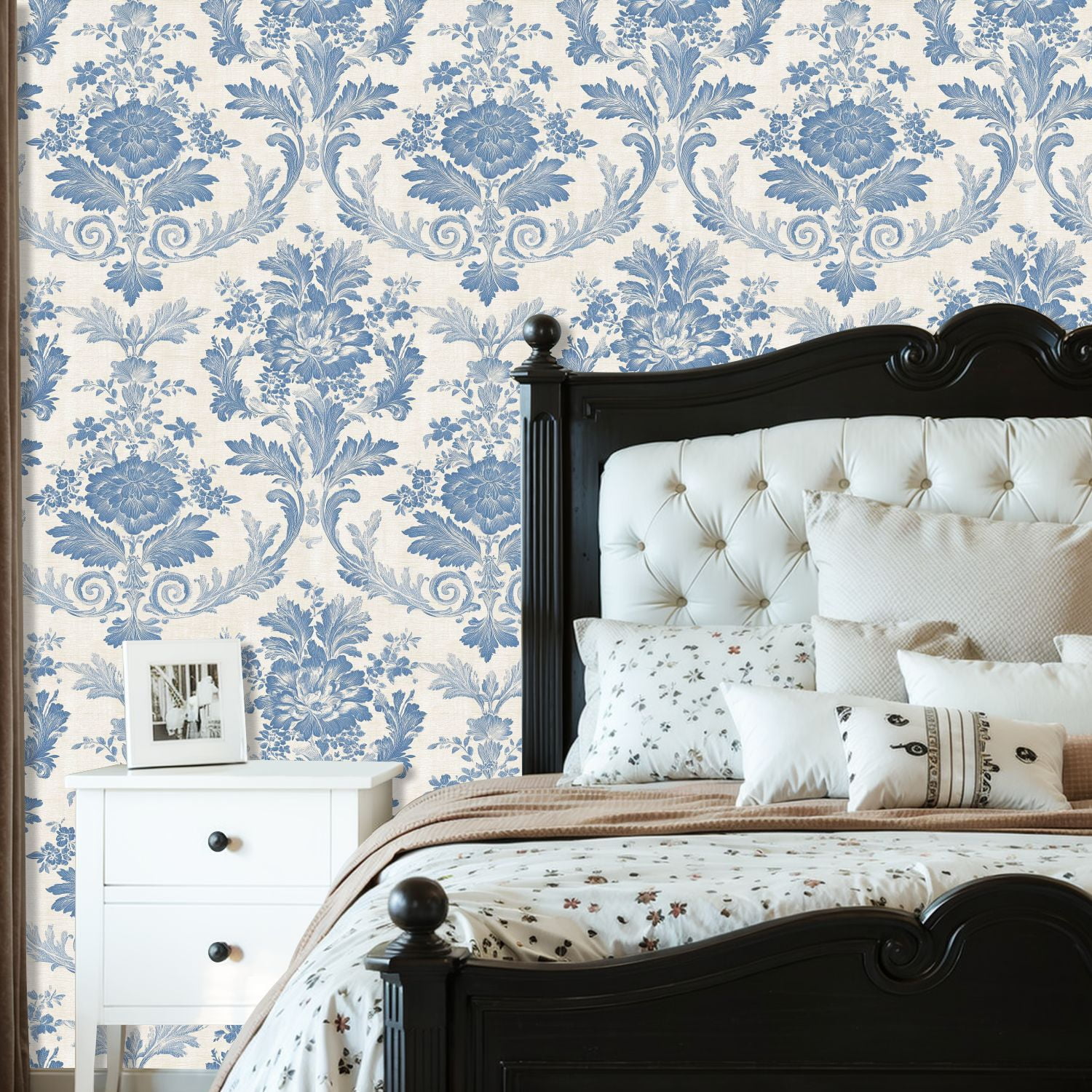 Vintage Peel and Stick Wallpaper 23.6in x 9.8ft Blue Floral Damask Elegant Swirls Detailing Contact Paper Vinyl Waterproof Self Adhesive Wall Paper for Bedroom Shelf Cabinet Renter Friendly