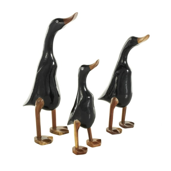 16", 14", 11"H Black Wood Duck Sculpture with Brown Accents, by DecMode (3 Count)