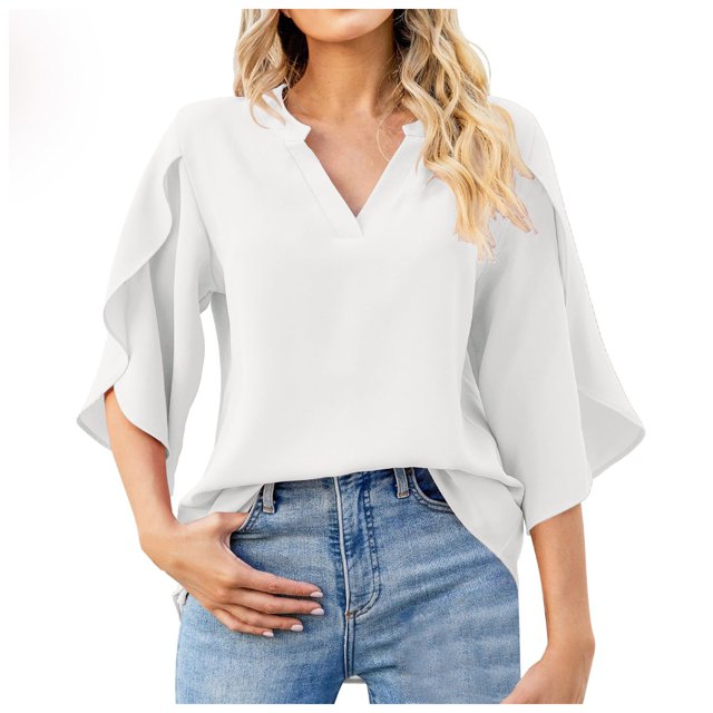 Nuevos tops de manga petal para mujer: blusa holgada de gasa con cuello en V y detalles plisados, mangas tres cuartos para el trabajo en verano o salidas informales.