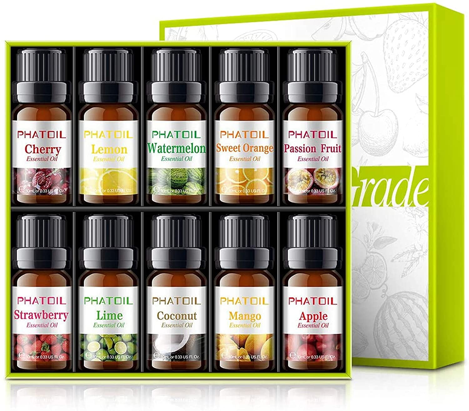 PHATOIL 10x10ml Fruity Essential Oils Gift Set for Diffusers Humidifiers - Mango, Coconut, Cherry, Lemon, Apple, Passion Fruit, Sweet Orange, Lime, Strawberry, Watermelon