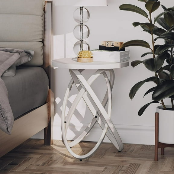 Round End Table Farmhouse Wood Side Table Rustic Stand with Intertwined Line Design for Living Room, Office, White