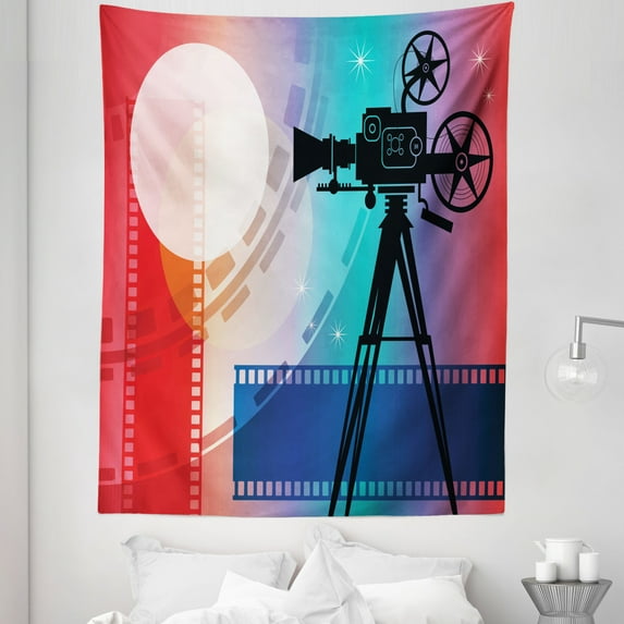 Cinema Tapestry, Colorful Projector Silhouette with Movie Reel Vintage Design Entertainment Theme, Fabric Wall Hanging Decor for Bedroom Living Room Dorm, 5 Sizes, Multicolor, by Ambesonne