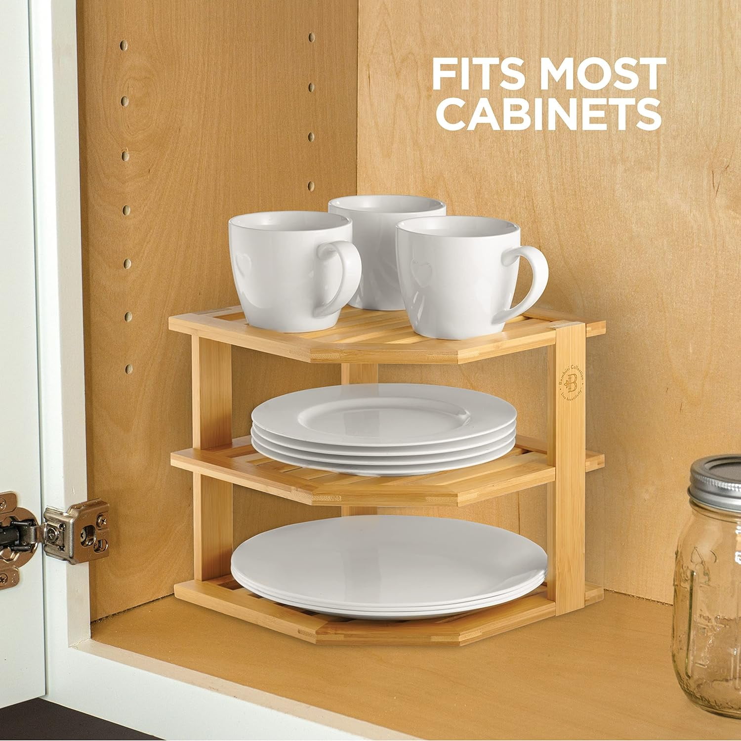 3-Tier Bamboo Corner Shelf Organizer for Cabinet Countertop, Plate Organizer for Cabinet, Cupboard Organizer, Black