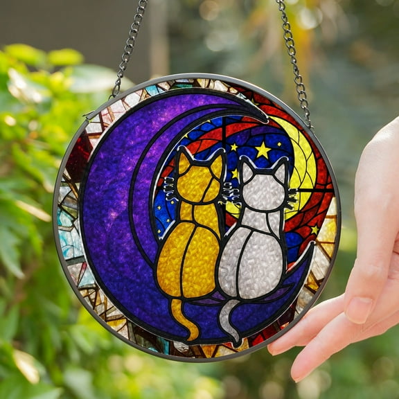 Lotusprinthandmade Cat On Moon Stained Glass Suncatcher for Window Hanging Cir4in, Mystical Window Hanging Cat Art Decor