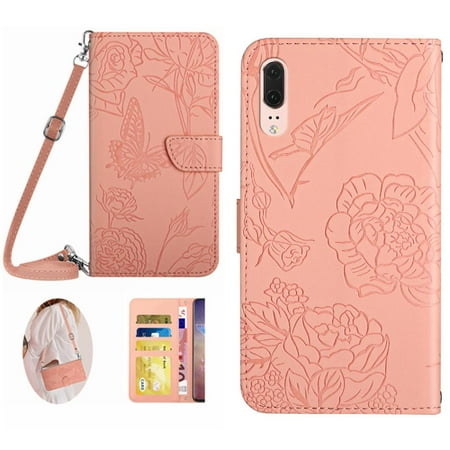 Case for Huawei P20 Phone Case Leather Wallet With Card Holder & Long Strap Butterflies And Flowers Soft PU Leather