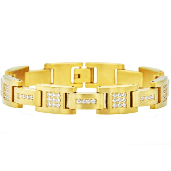 Gold/Silver Plated Stainless Steel Micro Pave Cubic Zirconia Encrusted Link 8.5’’ Men’s Solid Bracelet