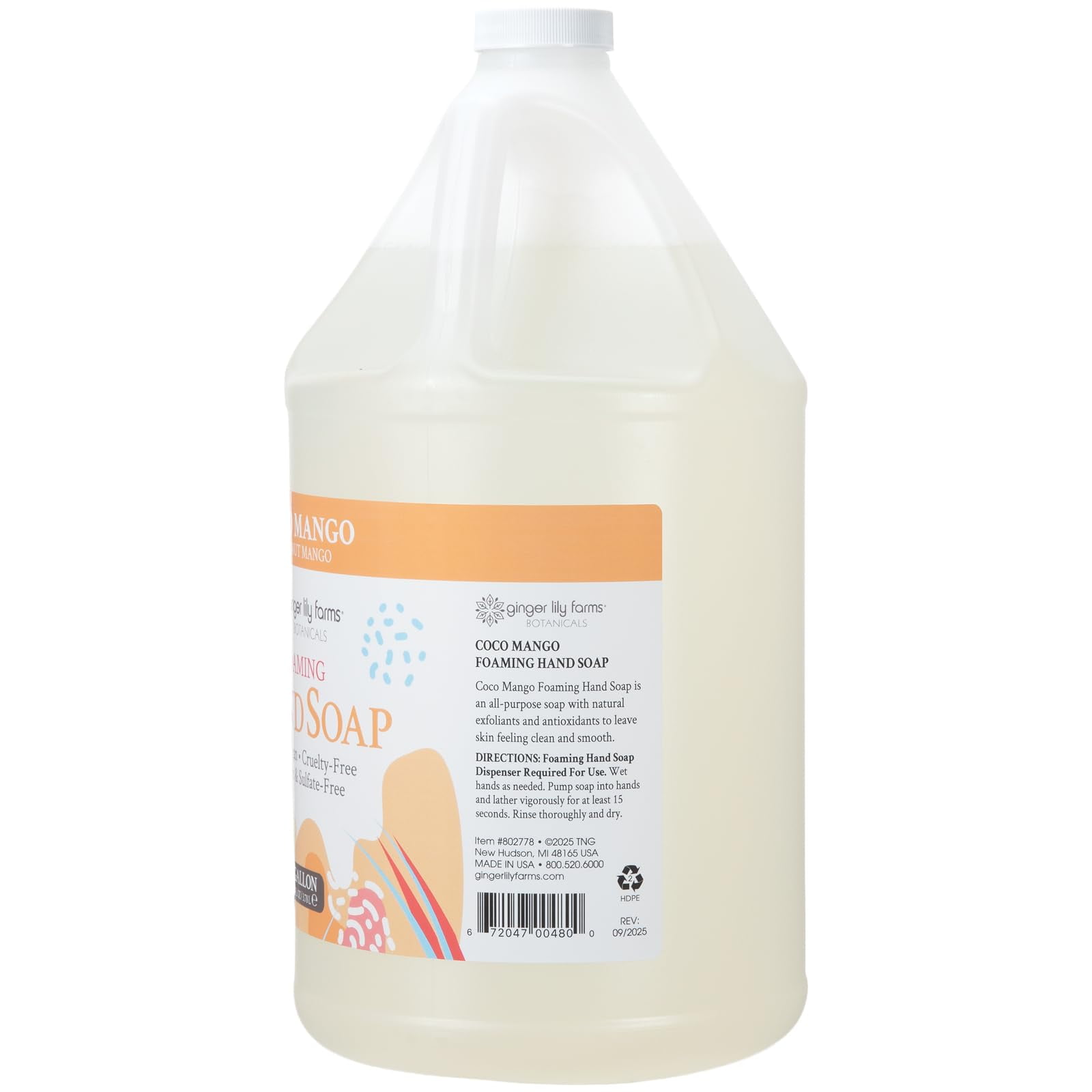 Ginger Lily Farms Botanicals All-Purpose Foaming Hand Soap Refill, Coco Mango, 100% Vegan & Cruelty-Free, Coconut Mango Scent, 1 Gallon (128 fl oz)