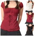 thumbnail image 4 of Women's Solid Color Mesh Lace Shirt Set Head Bow Waist Short Sleeve Top T Shirt Tunic Raglan Long Sleeve Tee T Shirts Tops for Women Shirt for Juniors Woman Large Shirt Women's Tees Tee Long, 4 of 5