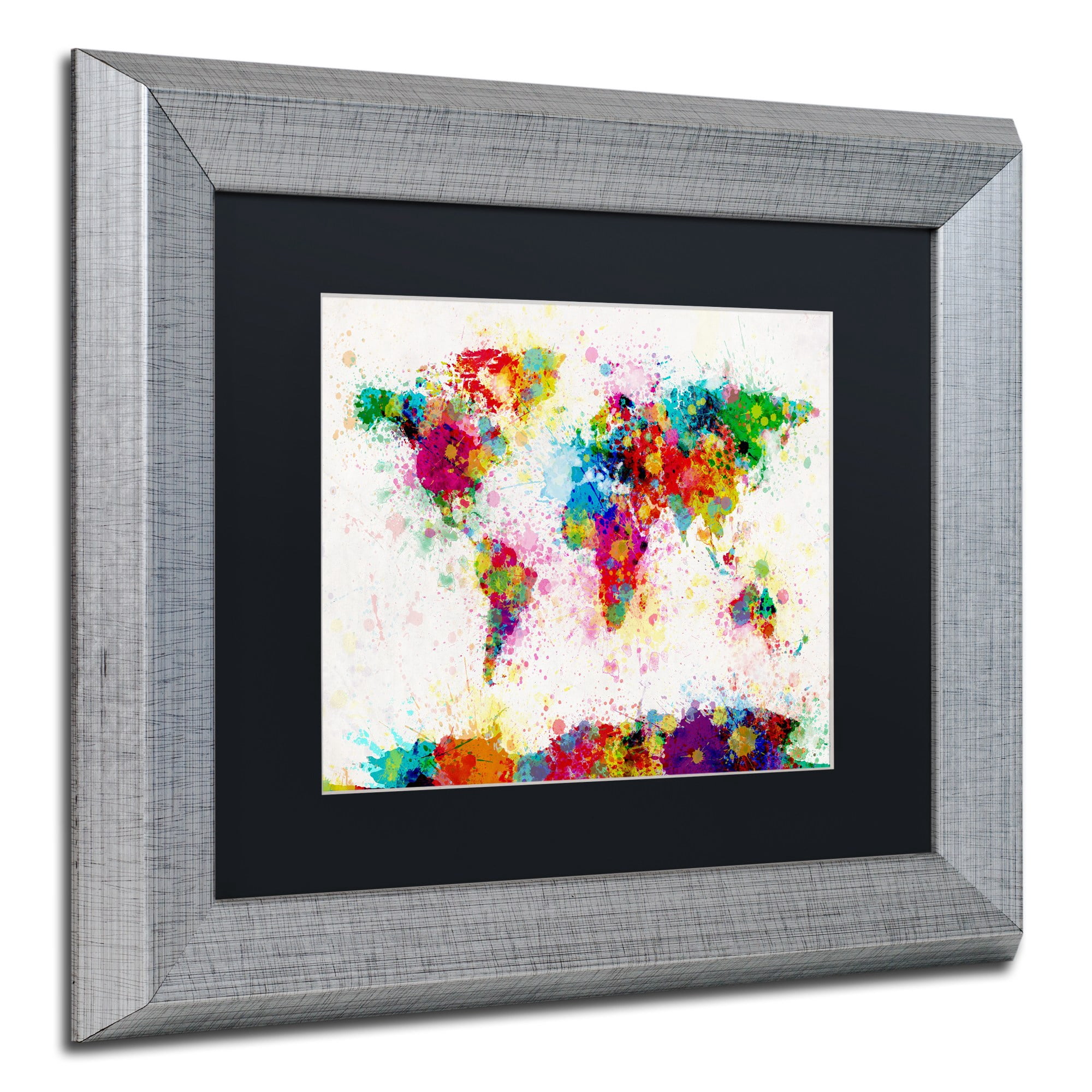 Trademark Fine Art "Paint Splashes World Map" Canvas Art by Michael Tompsett Black Matte, Silver Frame