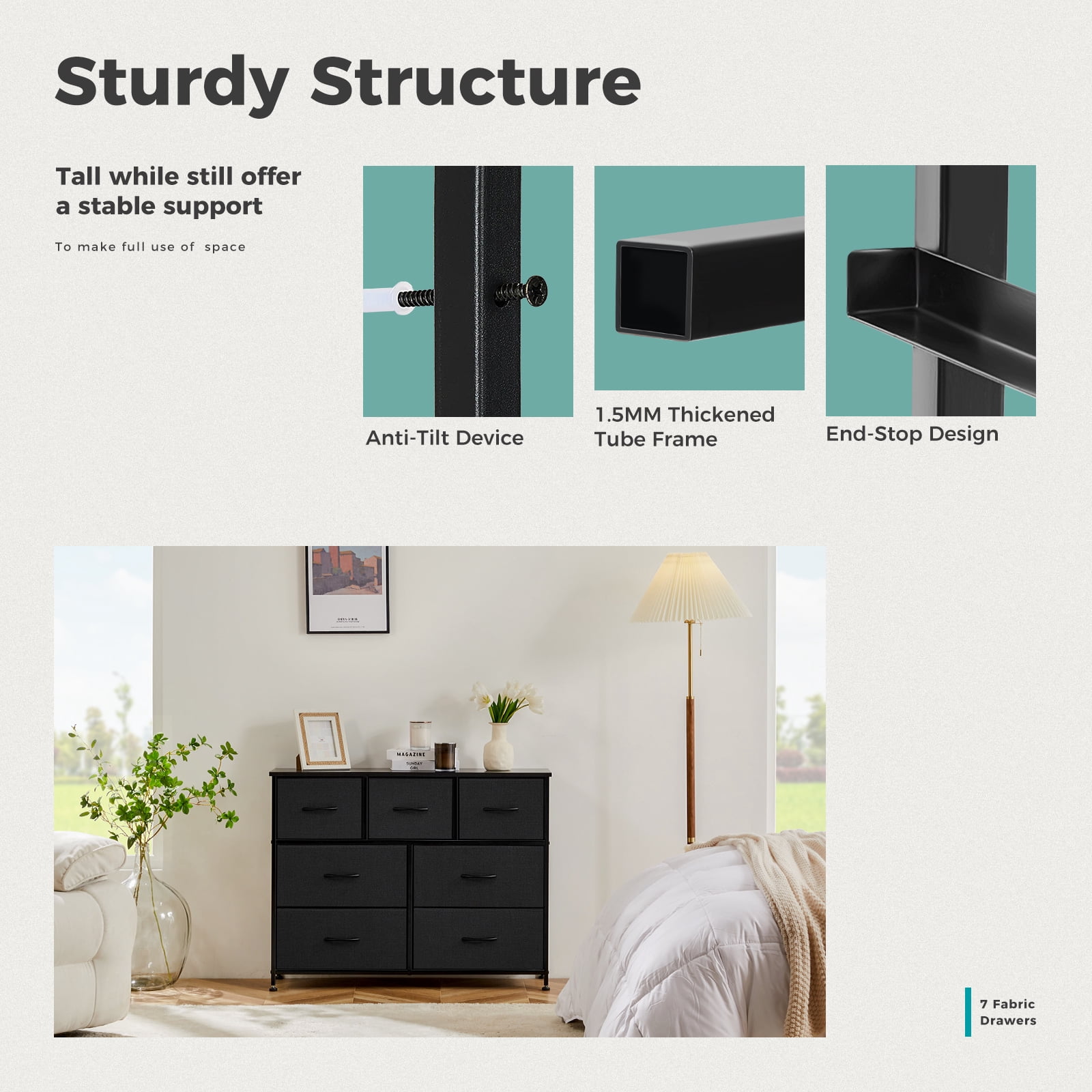 MCQ 7 Drawer Fabric Dresser, Chest of Drawer Organizer Storage Cabinet for Closet, Entryway, Bedroom, Living Room, Black