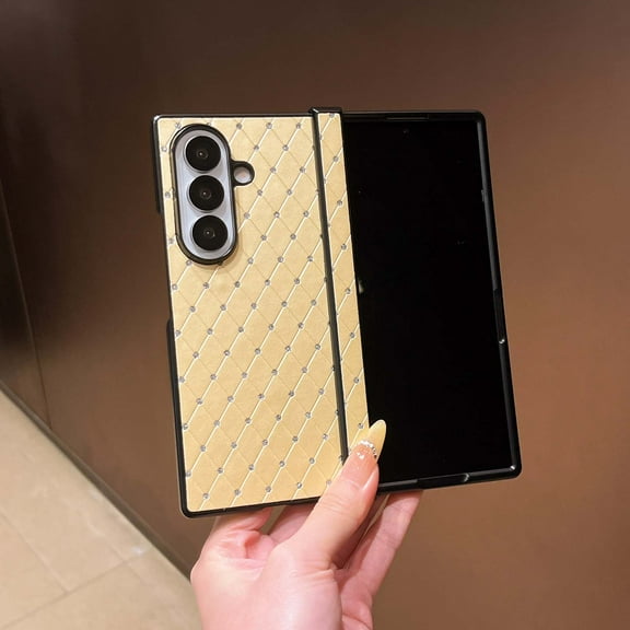 Compatible with Samsung Galaxy Z Fold 7 Phone Case,With Hinge Protection,Argyle Pattern Back,Cute Bling Diamond Glitter Design,Anti-Scratch Shockproof Ultra Slim Phone Case,Gold