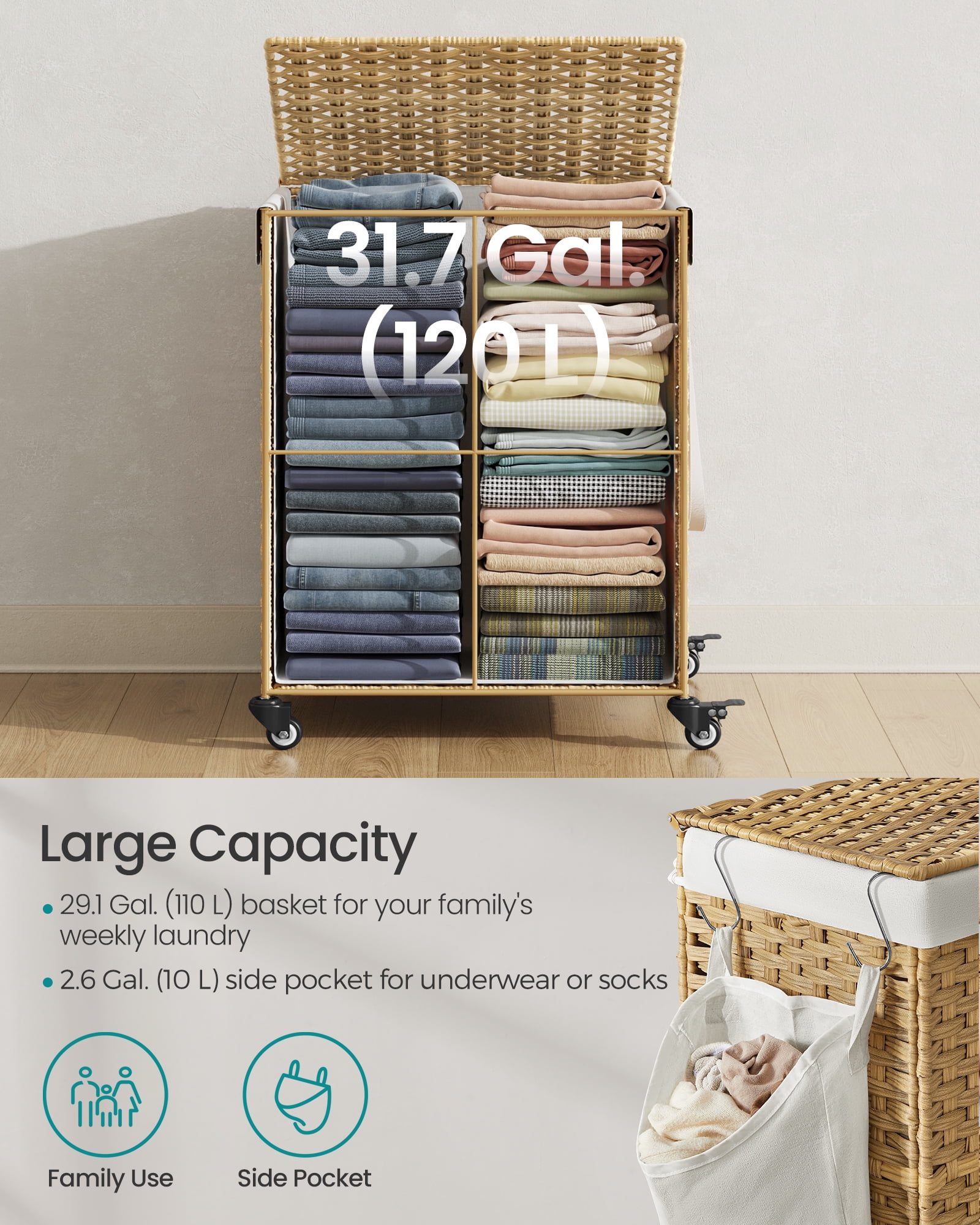 31.7 Gallon Rolling Laundry Hamper with Wheels & Removable Liner, Synthetic Rattan Storage Basket, 18.1x15.7x26 Inches, Natural