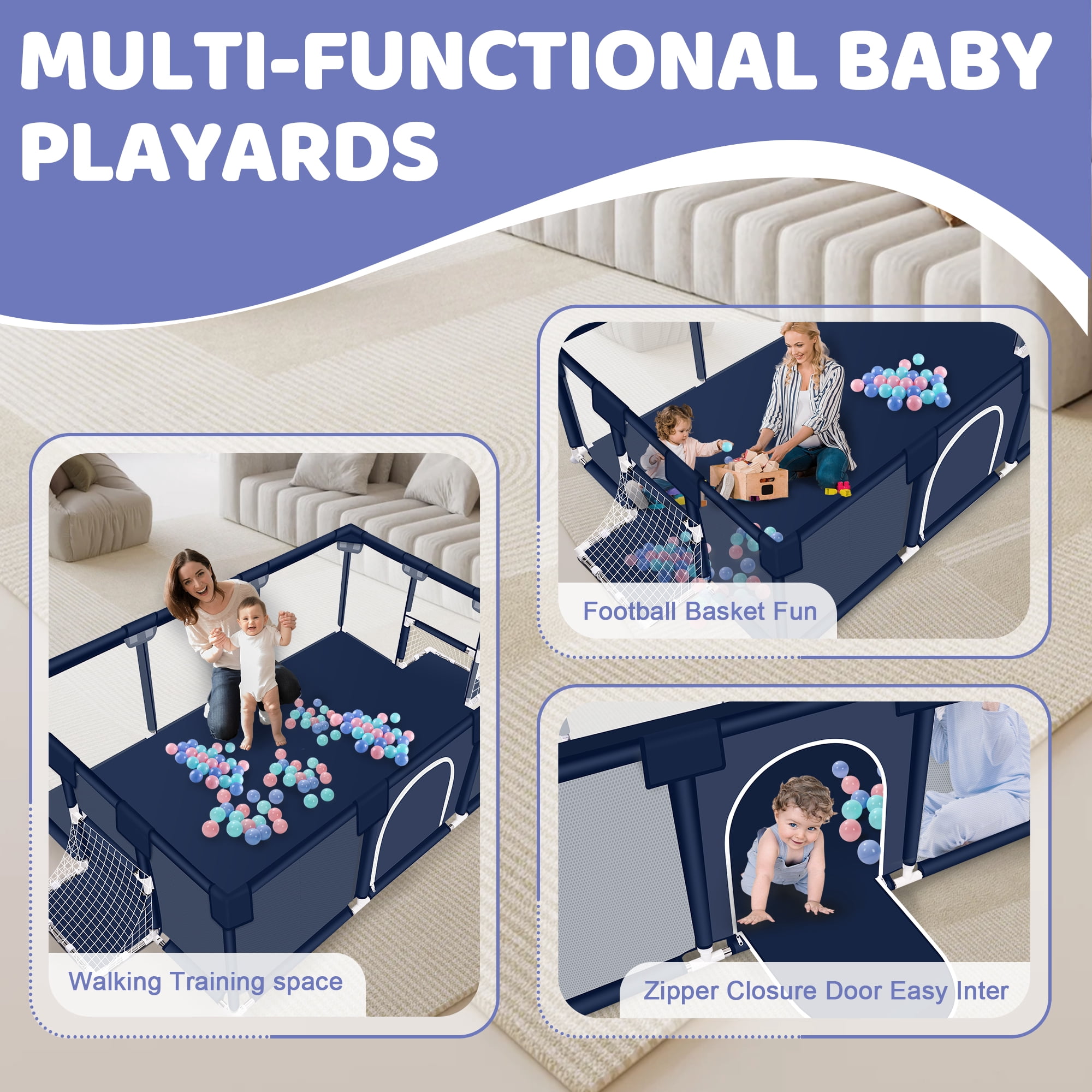 Baby Playpen, HDJ 71 inch Extra Large Baby Play Yard with Soft Breathable Mesh, Play Fence for Infant and Toddlers, Anti-Slip Base, Blue