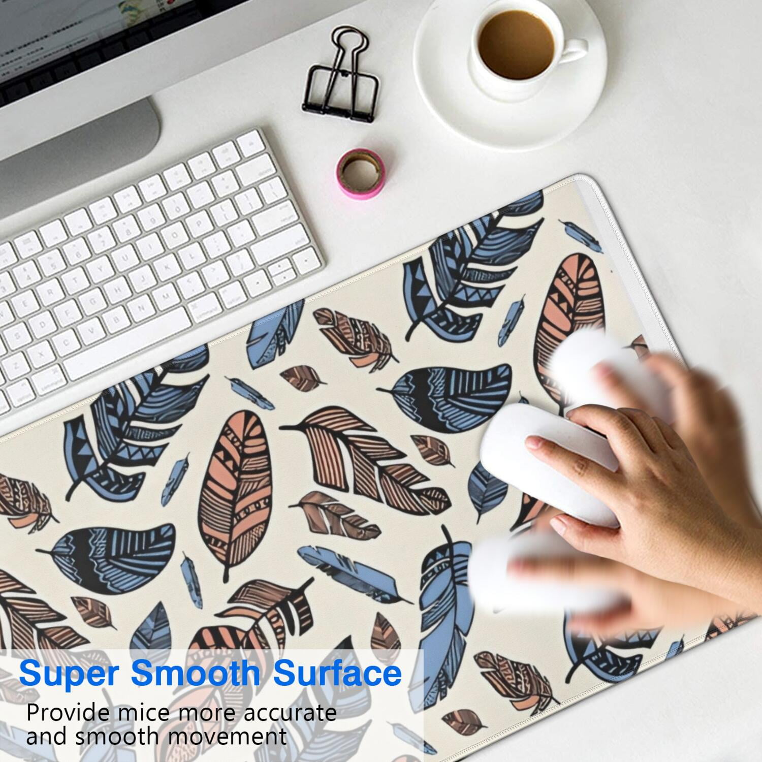 Long Mouse Pads for Desk,Blue and Brown Feather Pattern Desk Mats on Top Of Desks, Desk Mouse Pad Extra Large with 3mm Non-Slip Base and Stitched Edge for Gaming,Office,Work,Home 35.4"x15.7"