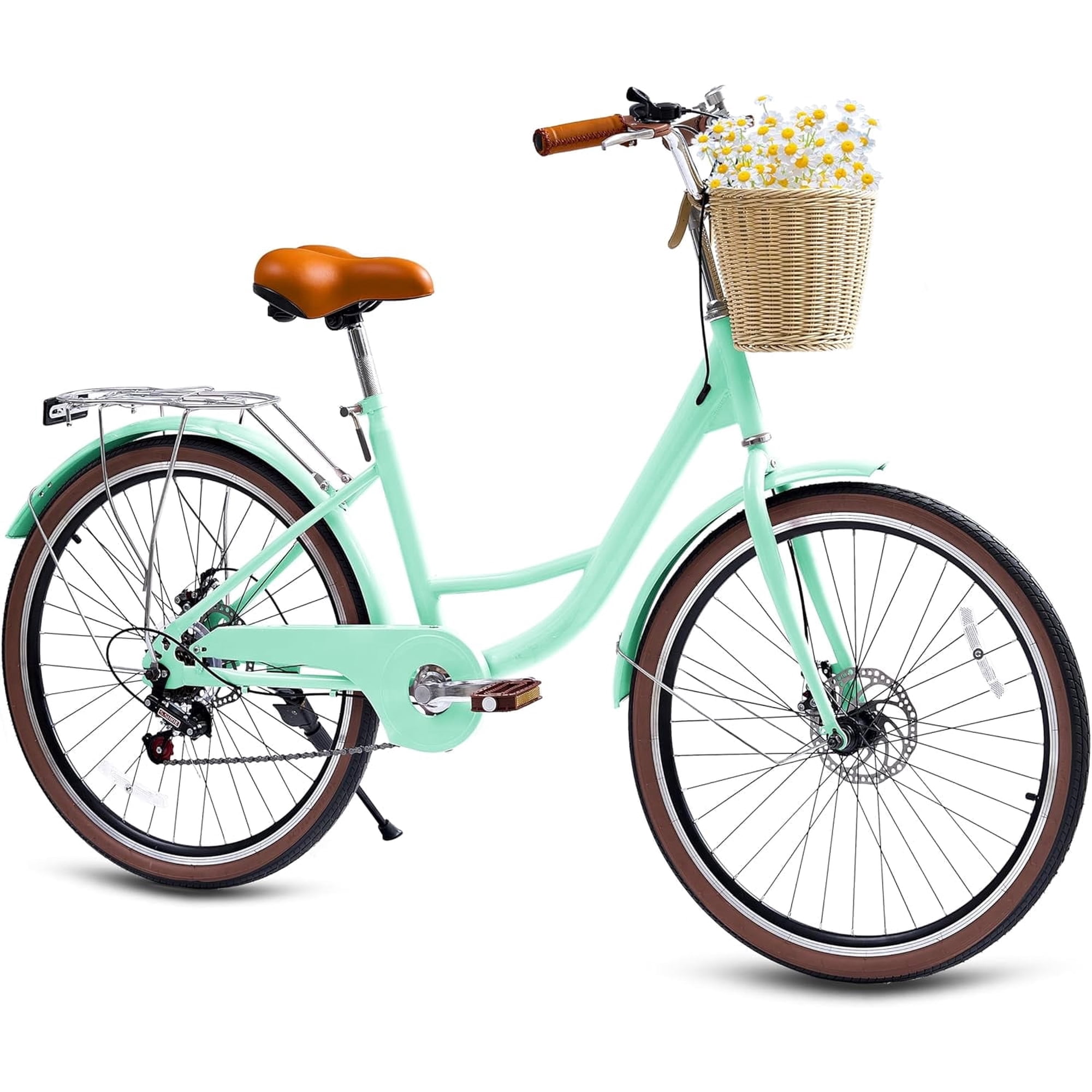 24" Beach Cruisers for Women, NEORIVER Bikes for Women with Rattan Basket, 7-Speed & Step-Through Frame
