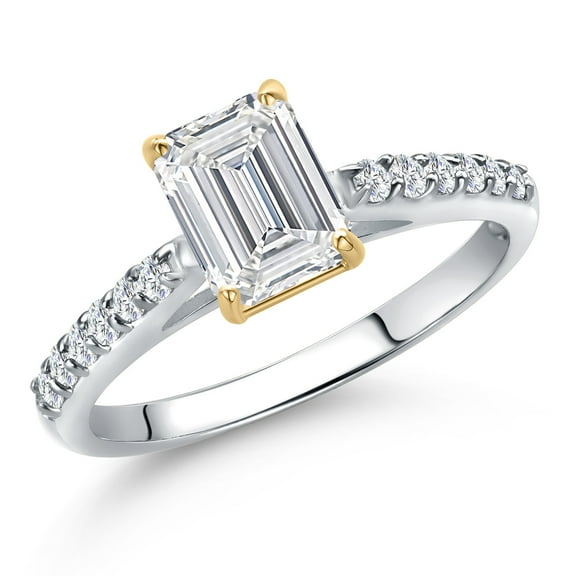 Gem Stone King 1.24 Cttw IGI Certified Lab Grown Diamond in 10K White Gold with Yellow Gold Prongs Engagement Ring for Women | Emerald Cut Center Diamond 1 Ct | E-F Color | VS1 Clarity | Size 8