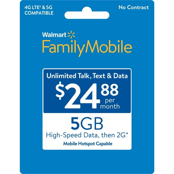 Walmart Family Mobile $24.88 Unlimited Monthly Prepaid Plan (5GB at High Speed, then 2G) Direct Top Up