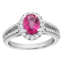 10K White Gold Natural Pink Topaz Split Shank Halo Engagement Ring Oval 7x5 mm, size 5