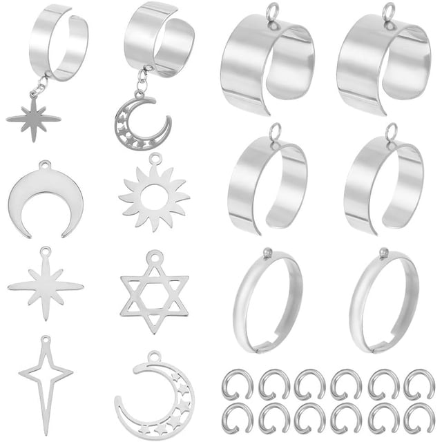 1 caja de 6 juegos de 32 anillos ajustables con dijes, juego de anillos de moda de 18 mm, plata, acero inoxidable, estrellas, sol y luna.