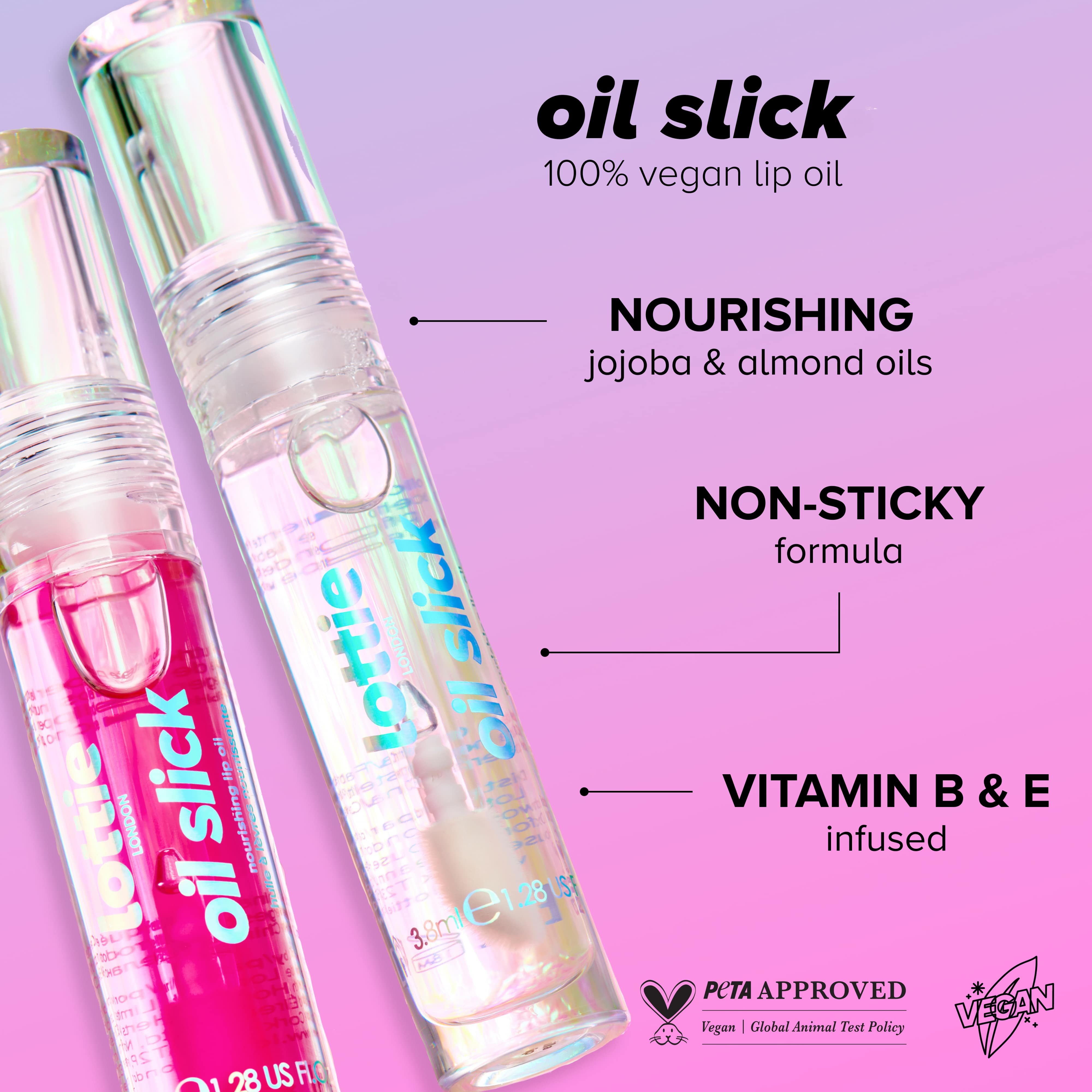 Lottie London Oil Slick, 100% Vegan Lip Oil, Peachy Cheeks