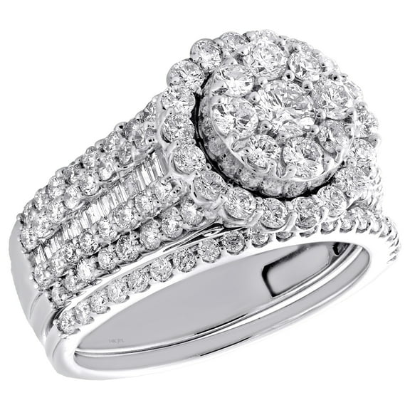 14K White Gold Baguette Diamond Flower Halo Bridal Set Engagement Ring 2 TCW